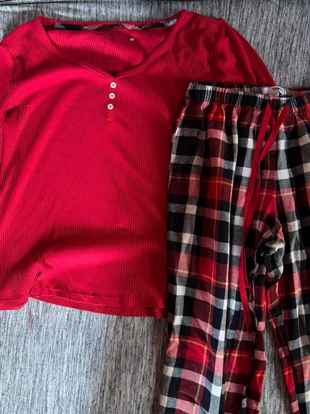 Women’s Red Ribbed Henley Top & Red Plaid Lounge Pajama Set